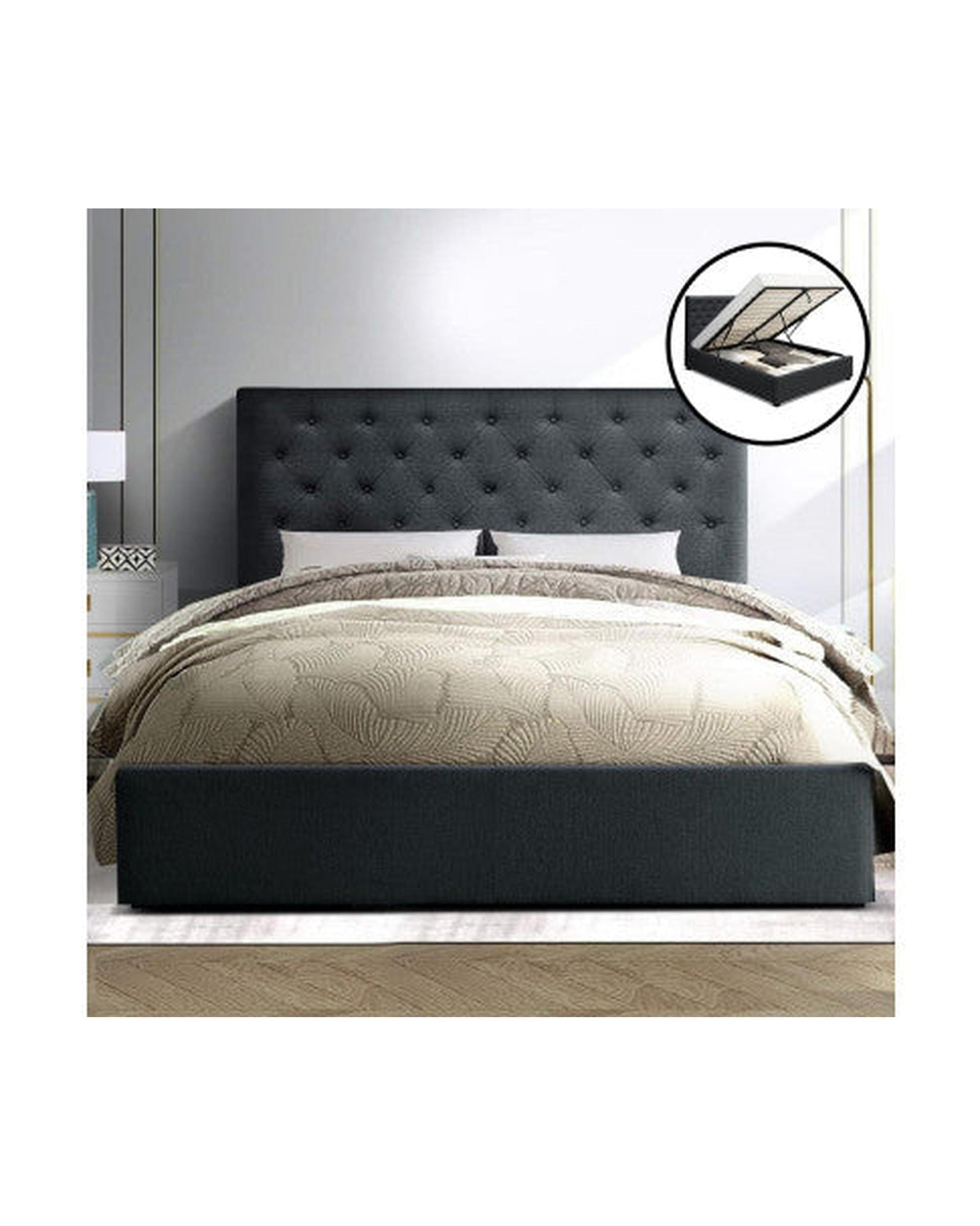 Artiss Bedframe Vila Bed Frame Fabric Gas Lift Storage - Charcoal