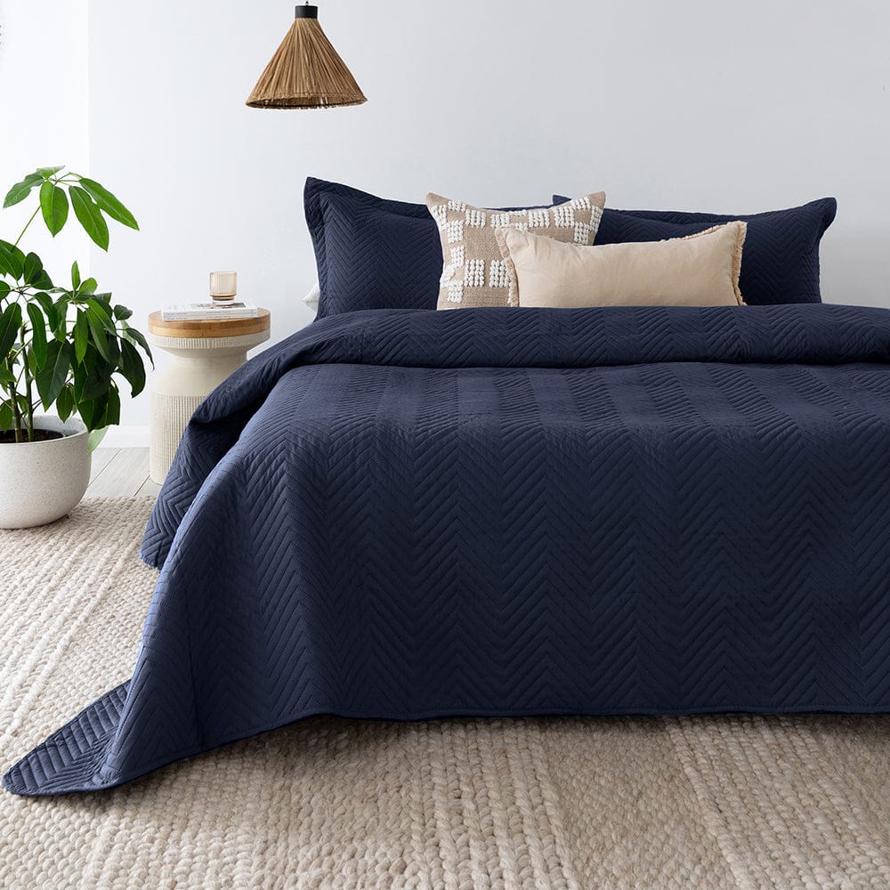 Bambury Bed cover set Navy / Single/Double Bambury | Herringbone Embossed Coverlet Set