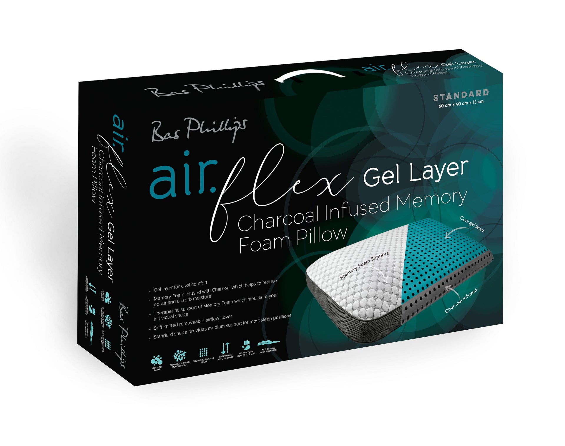 Bas Phillips Pillows/Cushions BAS PHILLIPS | AIR FLEX CHARCOAL INFUSED MF PILLOW WITH GEL LAYER
