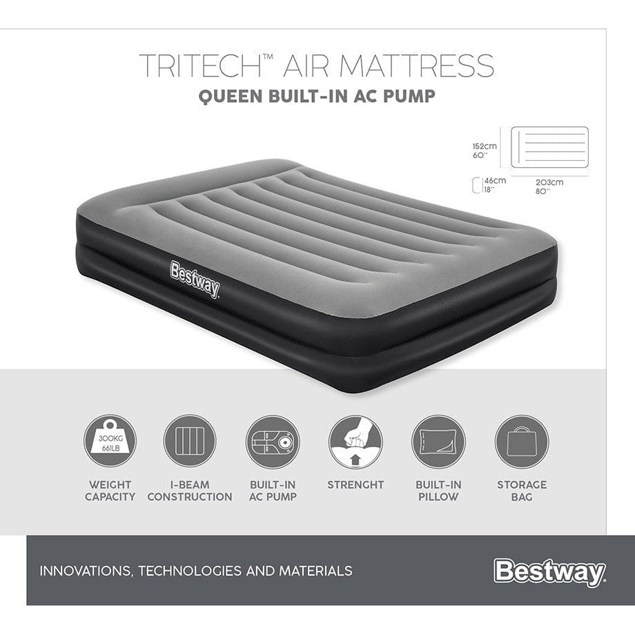 Bestway Inflatable Mattress Bestway 2.03m x 1.52m x 46cm Tritech Air Mattress Queen Built-in AC pump