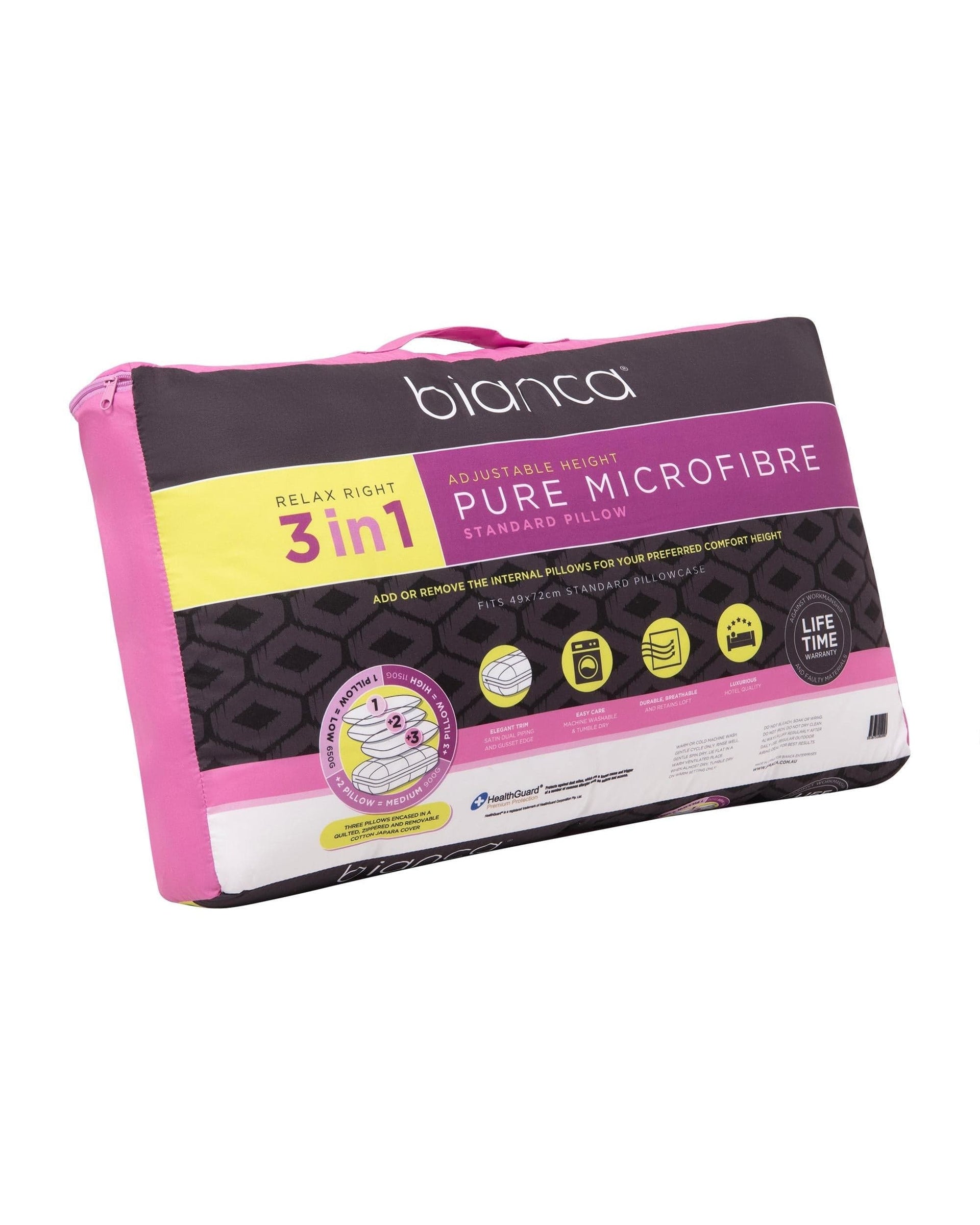 Bianca Bedding Pillows/Cushions Bianca Bedding RELAX RIGHT PURE MICROFIBRE PILLOW 3 IN 1 ADJUSTABLE HEIGHT 1150G
