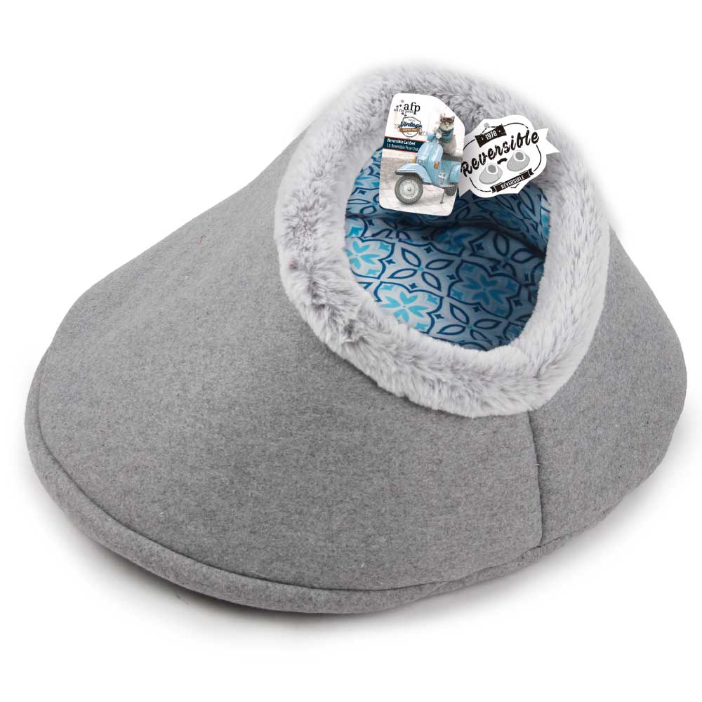 Big Bedding Australia Cat Bed Igloo Cat Bed Reversible Cave - Grey Retro Vintage Faux Felt Fabric - AFP