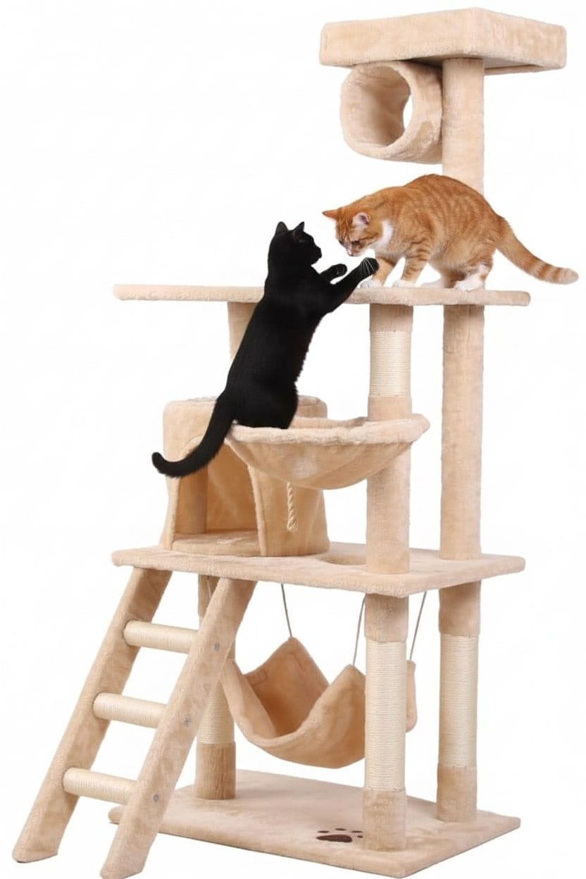 Carla Home Cat Tower CARLA HOME 141cm Cat Tree Tower for Indoor Cats with Plush Perch, Ladder, Sisal Scratching Posts, Hammock & Condo for Kittens & Adult Cats (Beige)