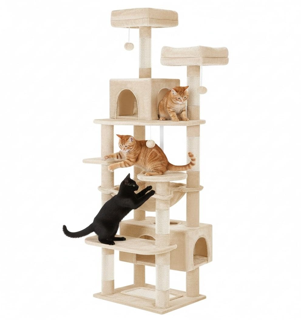Carla Home Cat Tower CARLA HOME 180cm Cat Tree Tower for Indoor Cats with Plush Perches, Dual Condos, Natural Sisal Scratching Posts & Ramps for Kittens & Adult Cats (Beige)
