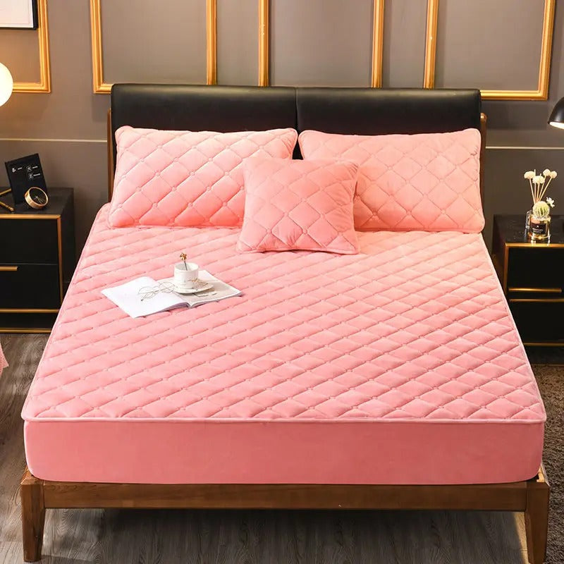Anyhouz Mattress Cover Pink King Size Crystal Velvet Thicken Quilted Warm Soft Plush Bed Sheet