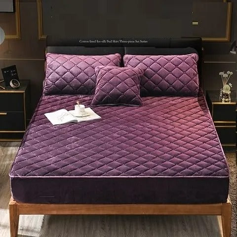 Anyhouz Mattress Cover Dark Purple King Size Crystal Velvet Thicken Quilted Warm Soft Plush Bed Sheet