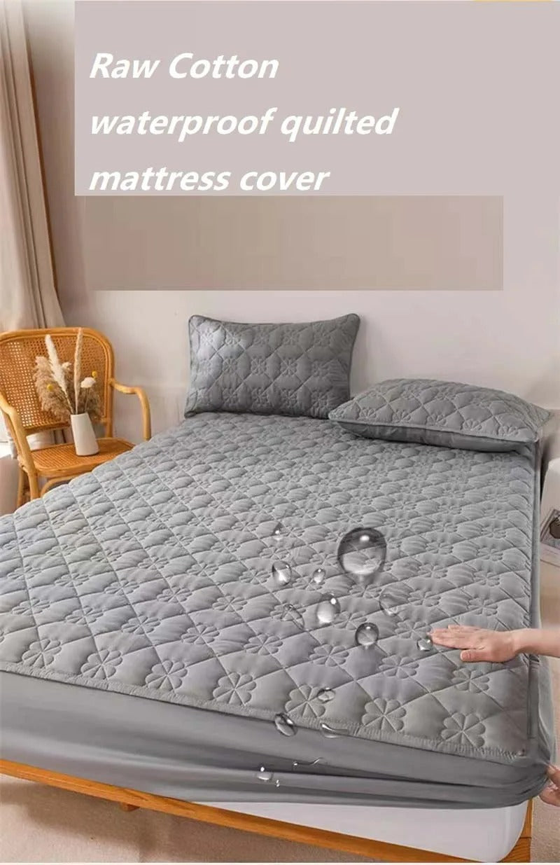 Anyhouz Mattress Cover Floral Gray Queen Size Waterproof Quilted Fitted Bed Sheet
