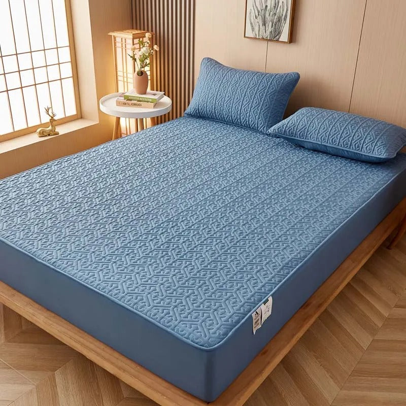 Anyhouz Mattress Cover Blue Queen Size Pure Cotton Soft Quilted Bed Sheet Anti-bacterial Protector Cover