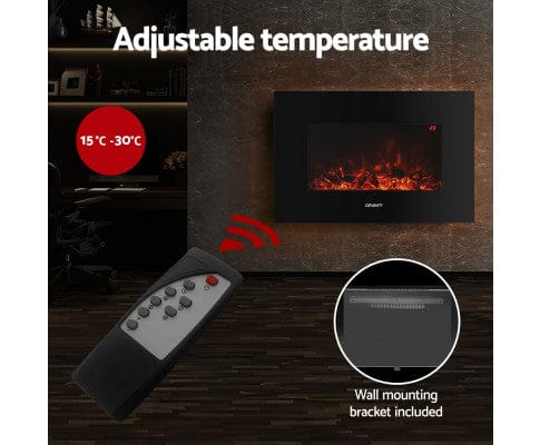 Devanti Heater Electric Fireplace Fire Heater 2000W Black