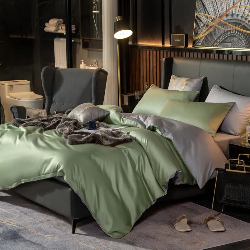 Anyhouz Bed Sheet Green Light Grey Ultra Soft Luxury Egyptian Cotton Bedding Cover Double Size 4 Pcs Bed Set