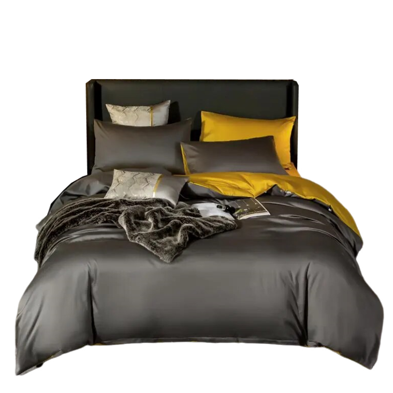 Anyhouz Bed Sheet Deep Grey Yellow Ultra Soft Luxury Egyptian Cotton Bedding Cover Double Size 6 Pcs Bed Set