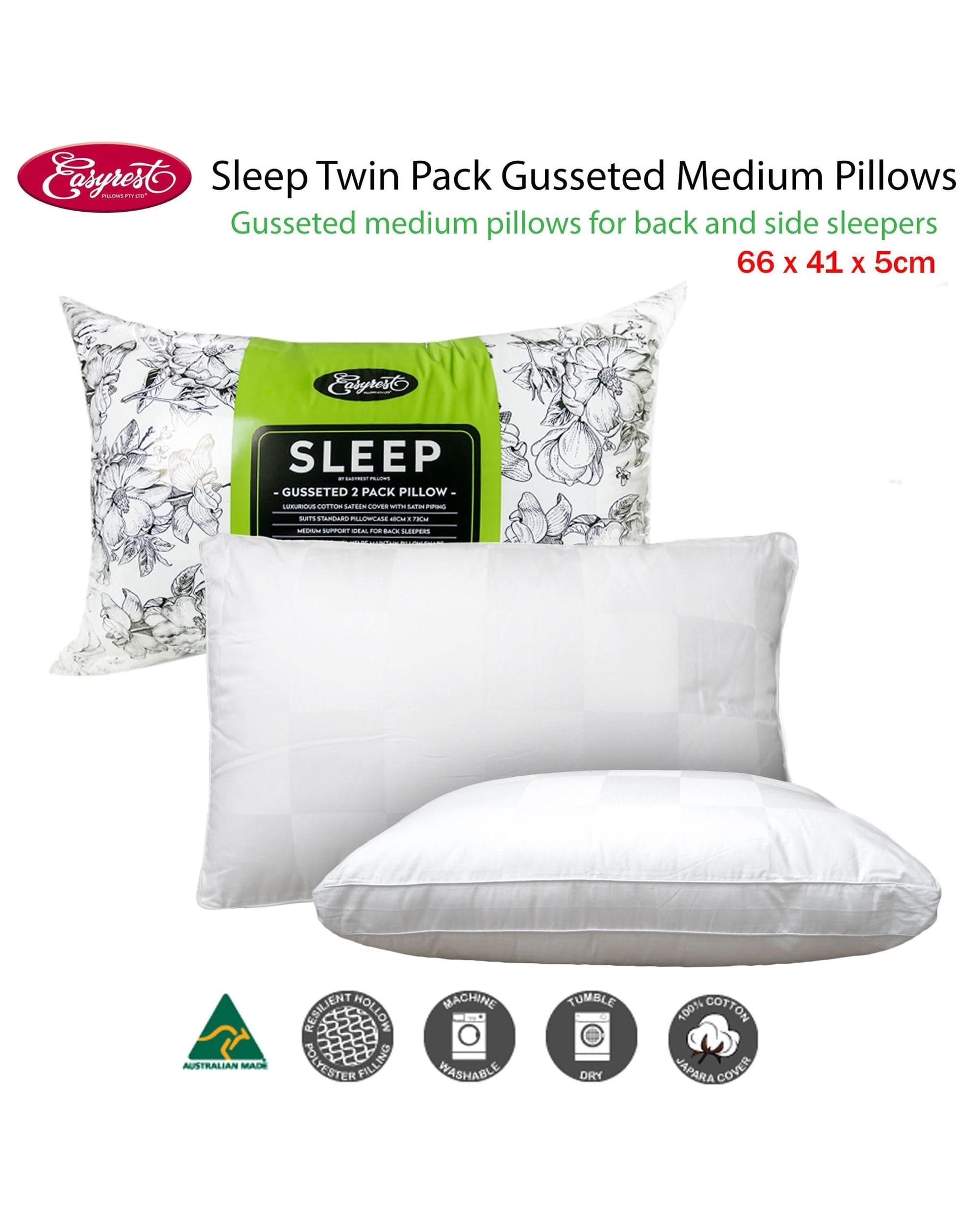 Easyrest Pillows/Cushions Easyrest Sleep Twin Pack Gusseted Medium Standard Pillows