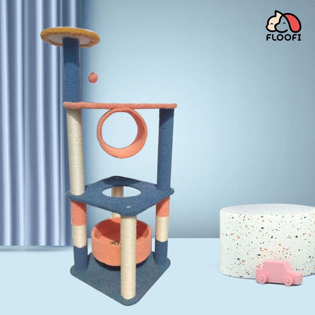 FLOOFI Cat Tower Floofi 110cm Emoji Plush Cat Condo Cat Tree Blue Red
