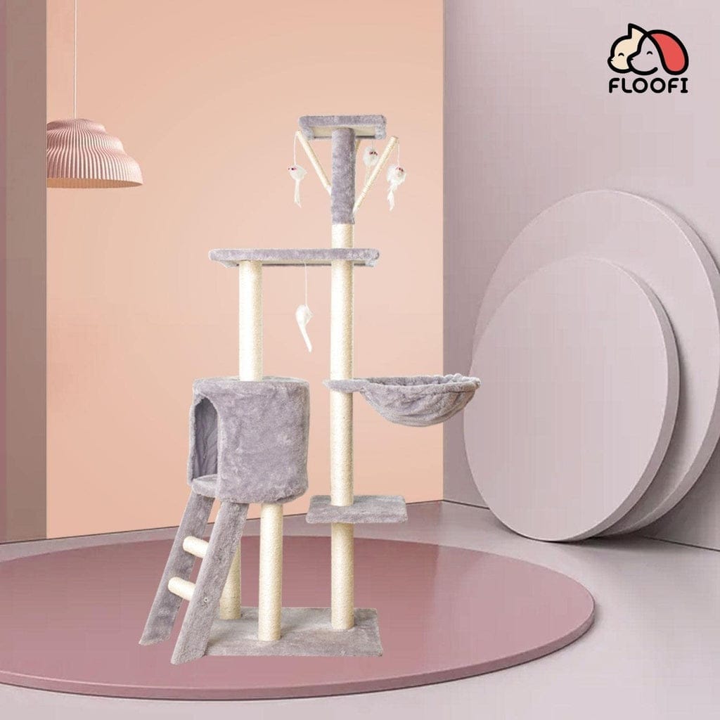FLOOFI Cat Tower Floofi 138cm 5 Layer Plush Cat Condo Cat Tree Light Grey