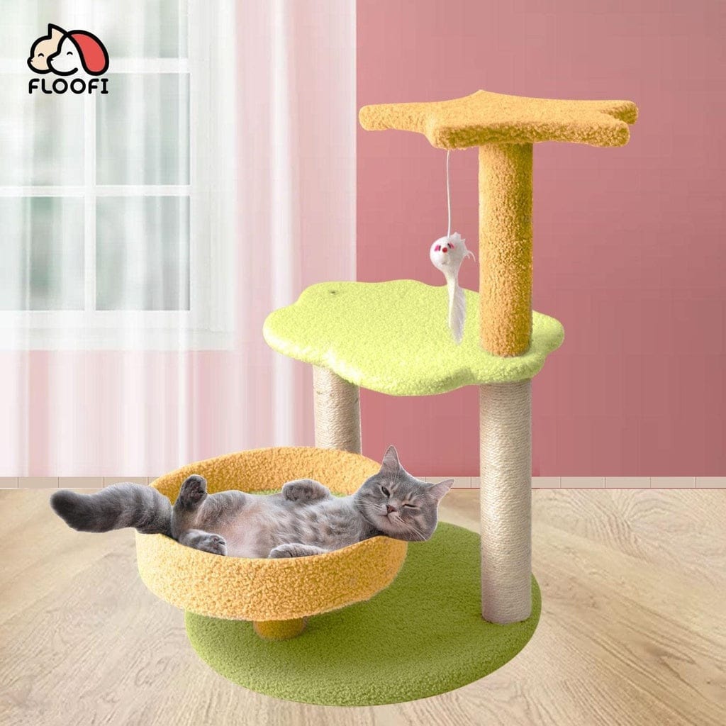 FLOOFI Cat Tower Floofi 75cm Galaxy Plush Scratching Post Cat Tree Yellow Green FI-CT-144-MM