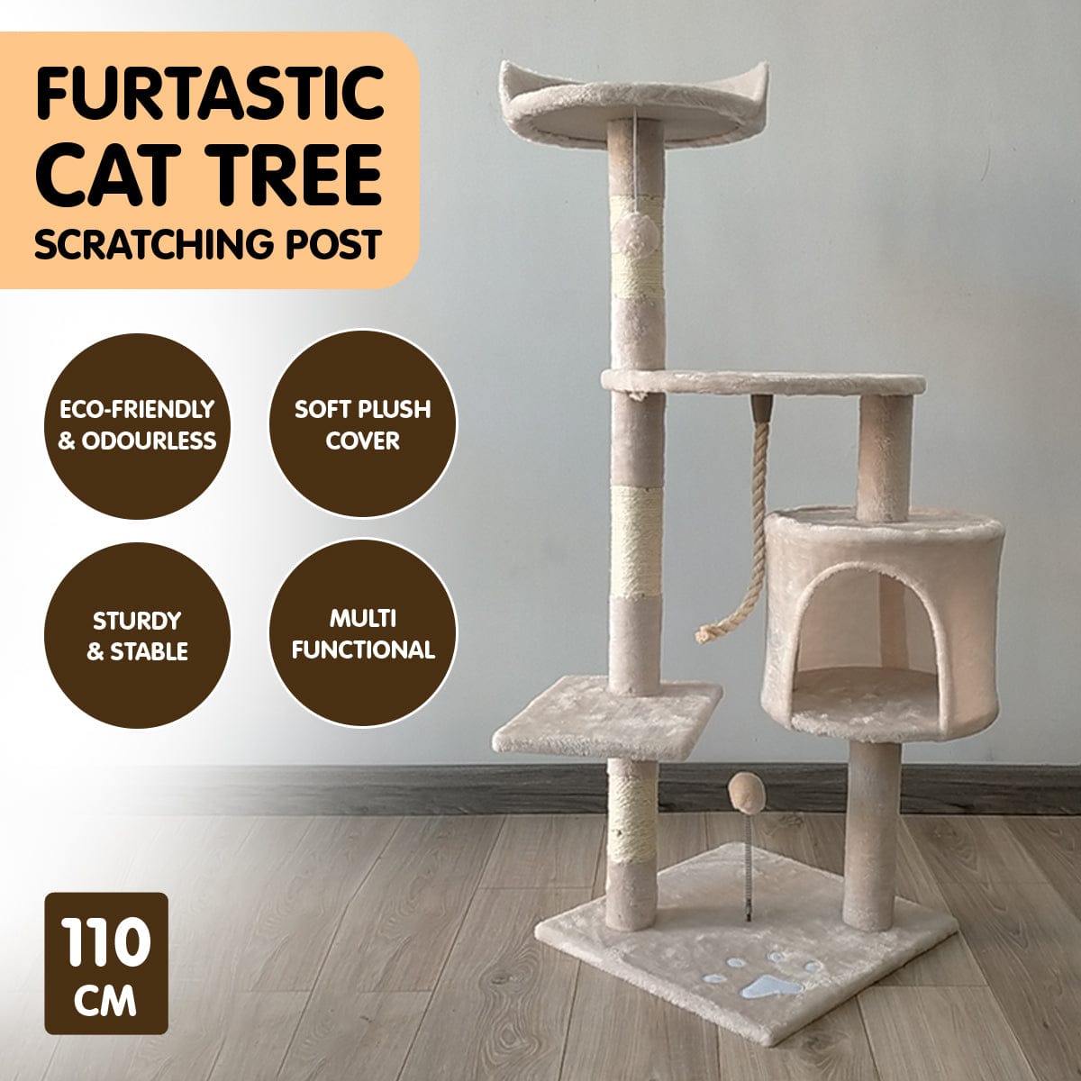 Furtastic Cat Tower Furtastic 110cm Cat Tree Scratching Post - Beige