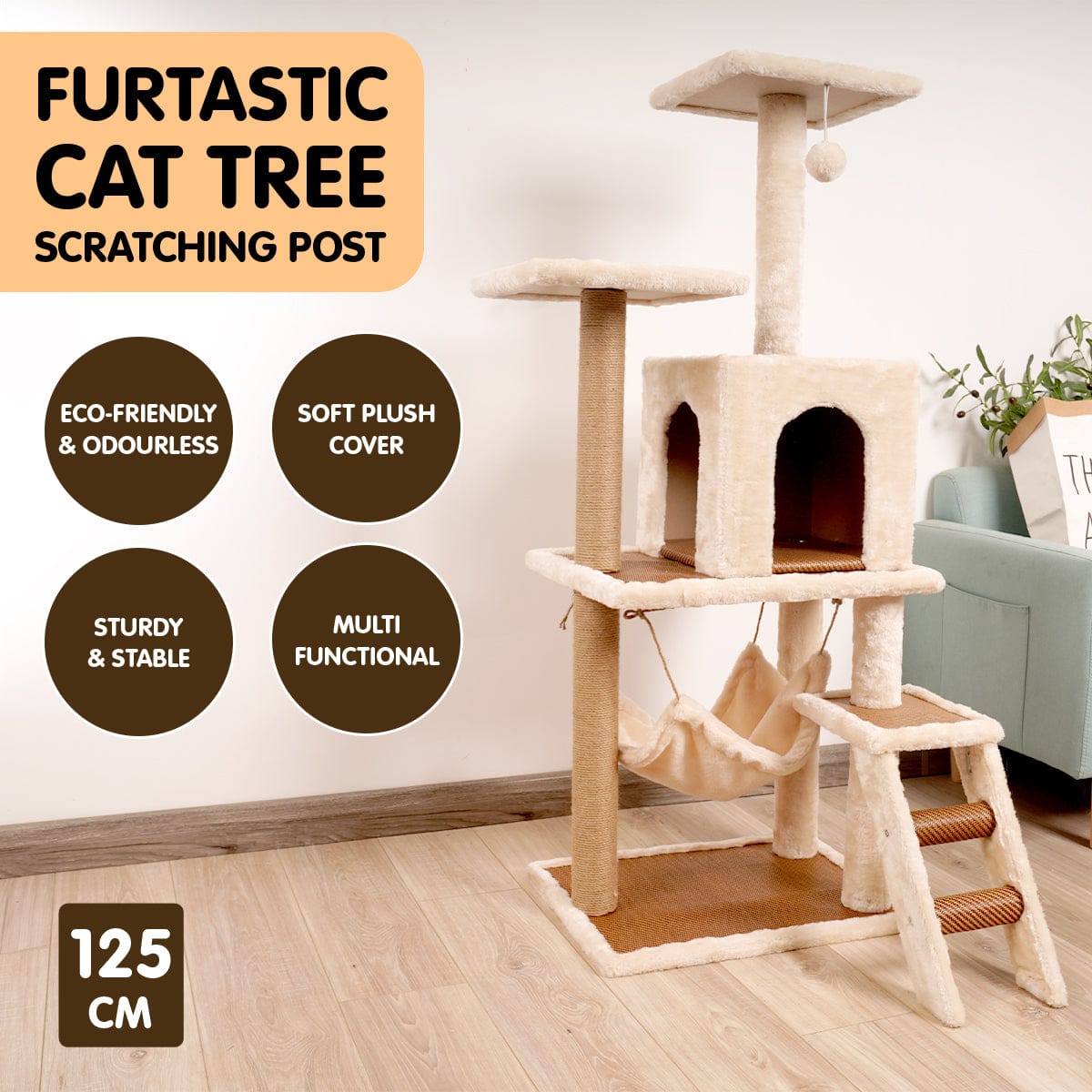 Furtastic Cat Tower Furtastic 125cm Cat Tree Scratching Post - Beige