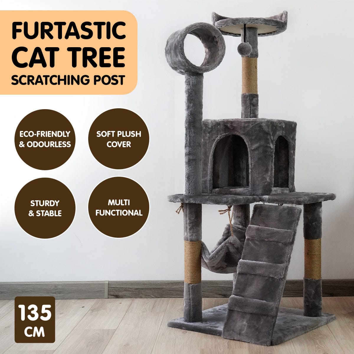 Furtastic Cat Tower Furtastic 135cm Cat Tree Scratching Post - Dark Grey
