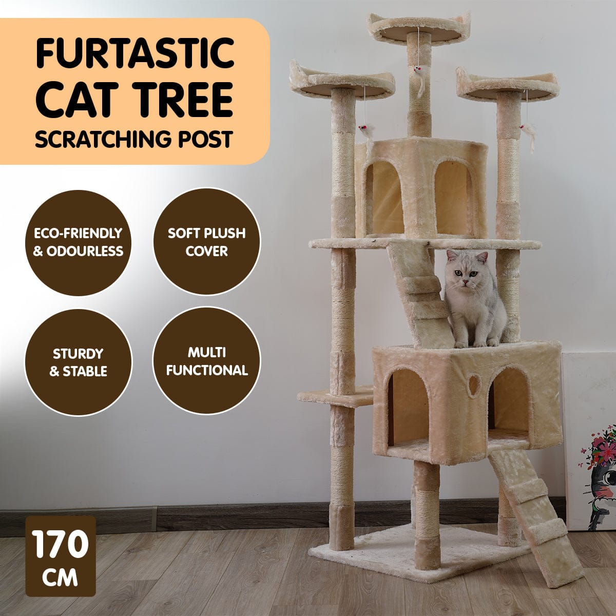 Furtastic Cat Tower Furtastic 170cm Cat Tree Scratching Post - Beige