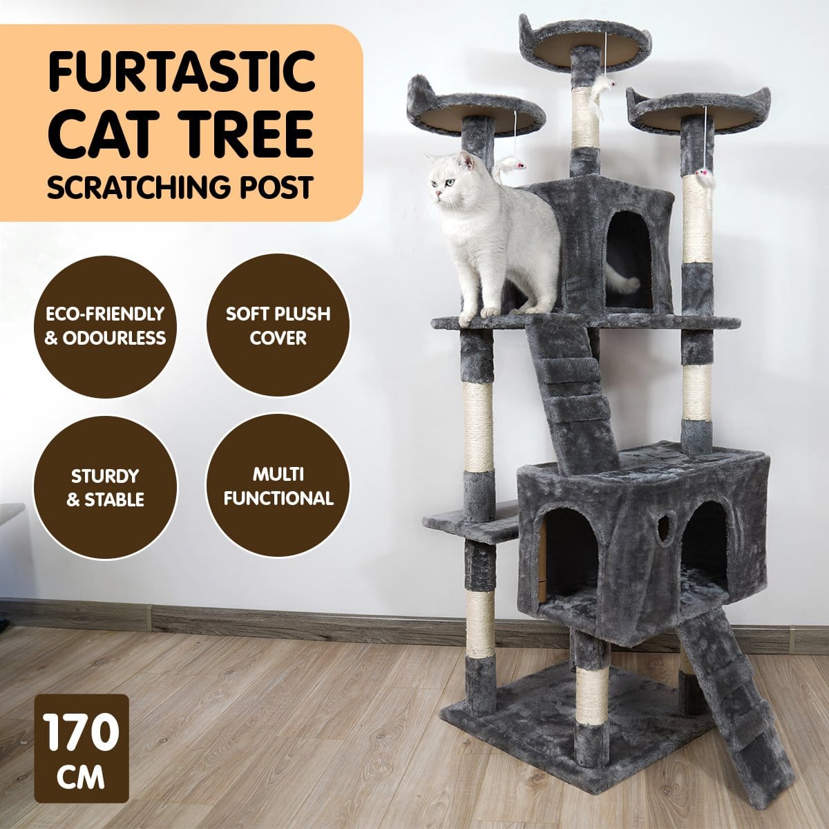 Furtastic Cat Tower Furtastic 170cm Cat Tree Scratching Post - Dark Grey