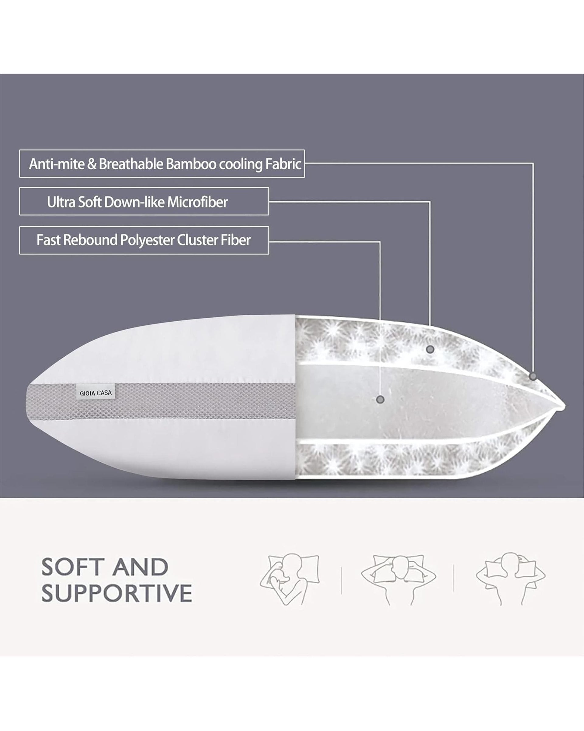 GIOIA CASA Pillows/Cushions Bamboo Cooling Pillows Twin Pack - Luxury Plush Down-Like Microfibre Pillows for Bedding - Ultra Soft, Comfy & Breathable Standard Pillows
