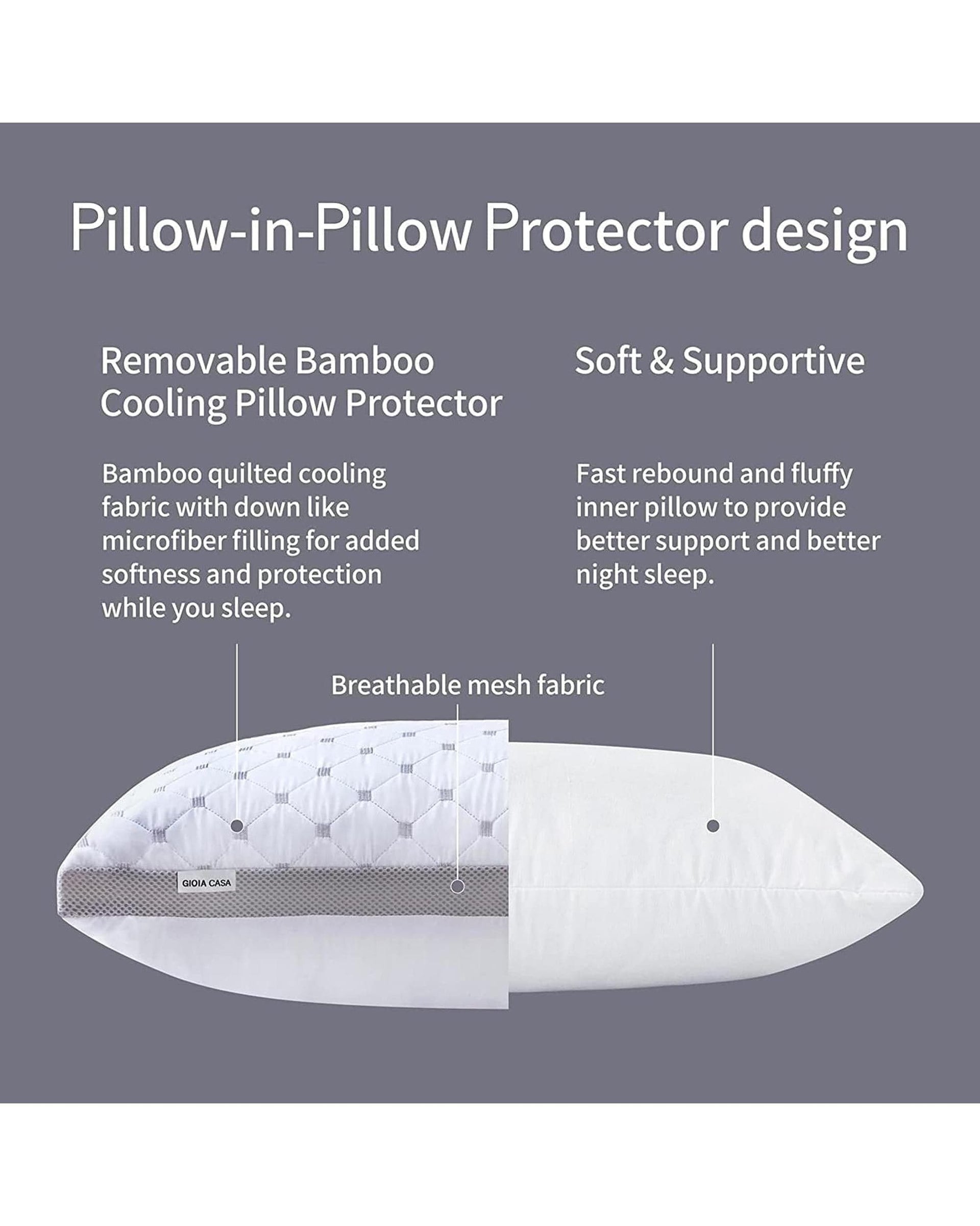 GIOIA CASA Pillows/Cushions Premium Bamboo Cooling Twin Pack Plush Down-Like Pillows - Medium to High Profile (2PCS) - with Free 2 Quilted Pillow Protectors (Improved Version)