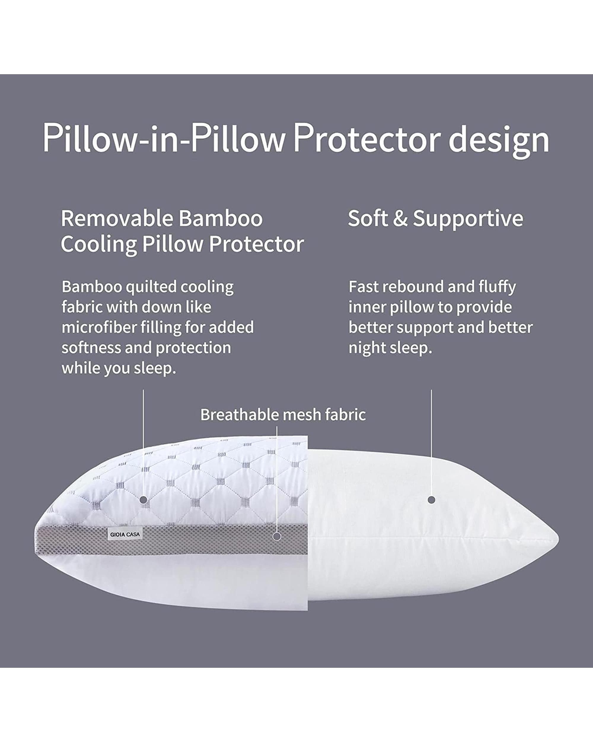 GIOIA CASA Pillows/Cushions Premium Bamboo Cooling Twin Pack Plush Down-Like Pillows - Medium to High Profile (2PCS) - with Free 2 Quilted Pillow Protectors (Improved Version)