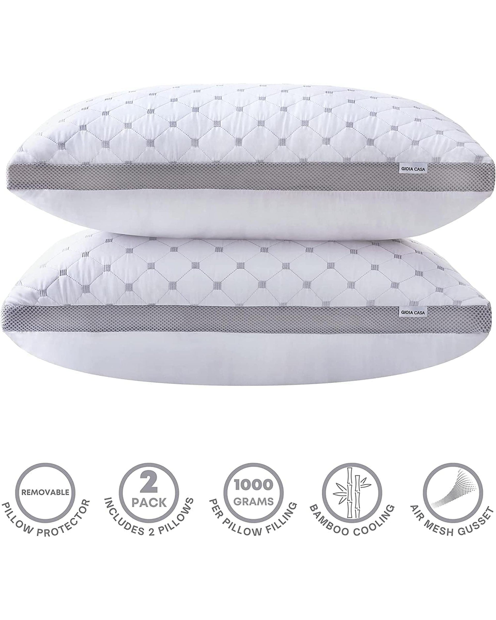 GIOIA CASA Pillows/Cushions Premium Bamboo Cooling Twin Pack Plush Down-Like Pillows - Medium to High Profile (2PCS) - with Free 2 Quilted Pillow Protectors (Improved Version)