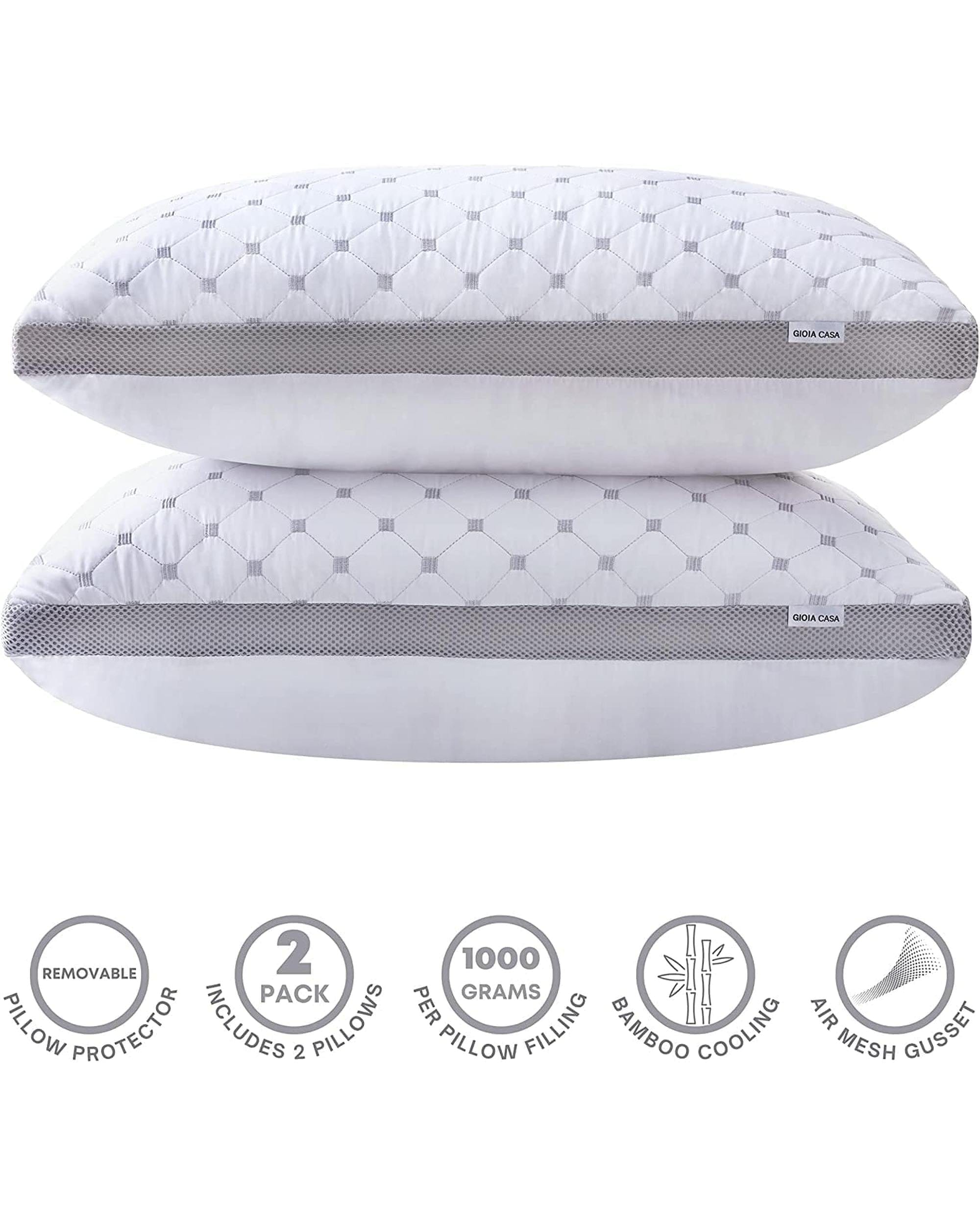 GIOIA CASA Pillows/Cushions Premium Bamboo Cooling Twin Pack Plush Down-Like Pillows - Medium to High Profile (2PCS) - with Free 2 Quilted Pillow Protectors (Improved Version)
