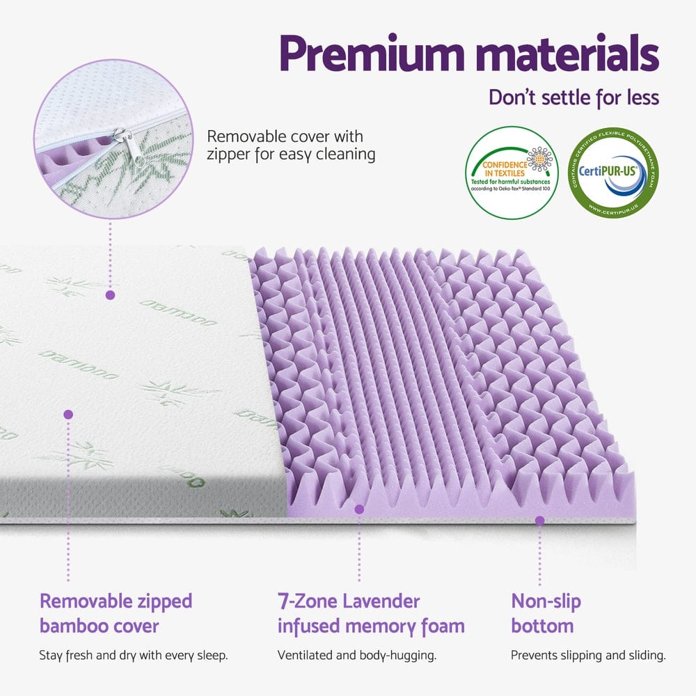 Giselle Mattress Topper 8cm Memory Foam Mattress Topper Lavender Infused Bamboo Cover 7-Zone