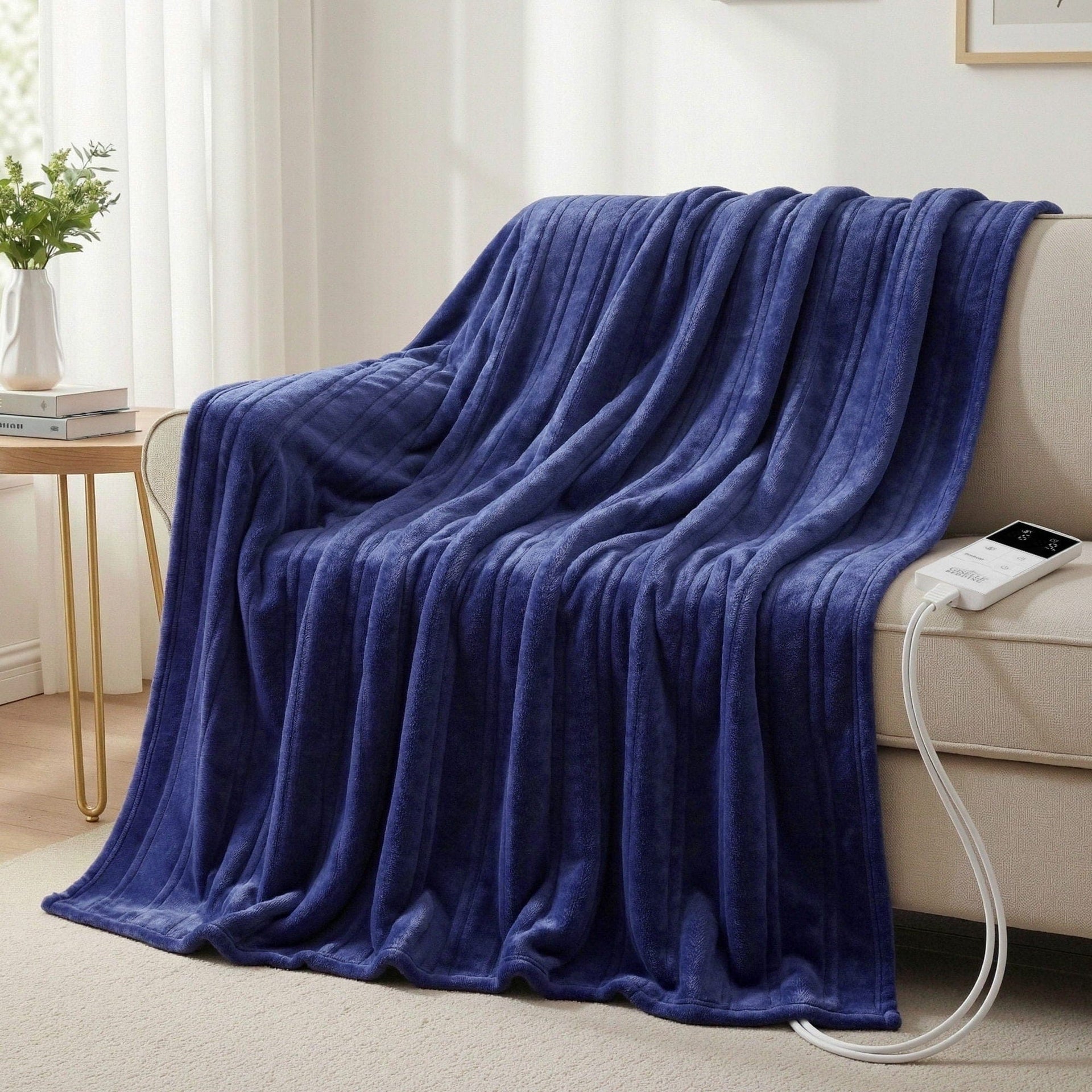 Giselle Electric Blanket Electric Throw Rug Double Size 200x180cm Coral Fleece Heated Blanket Navy Blue