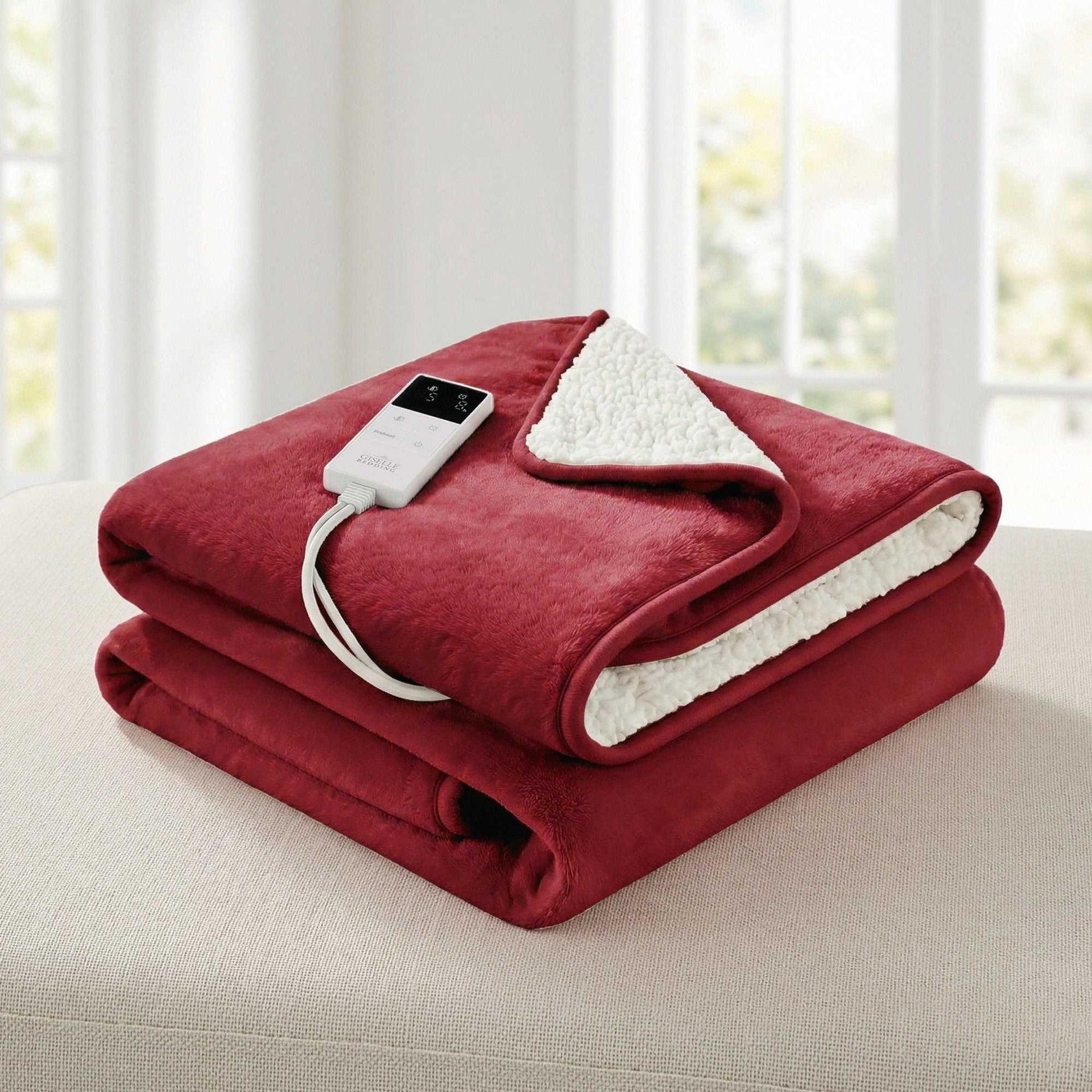 Giselle Electric Blanket Electric Throw Rug Dual Side Fleece Flannel Heated Blanket Burgundy