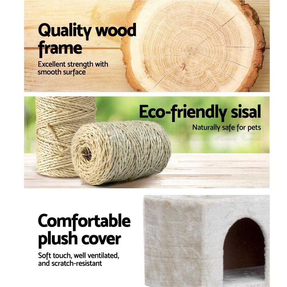 i.Pet Cat Tower i.Pet Cat Tree 134cm Tower Scratching Post Scratcher Wood Condo House Bed Beige