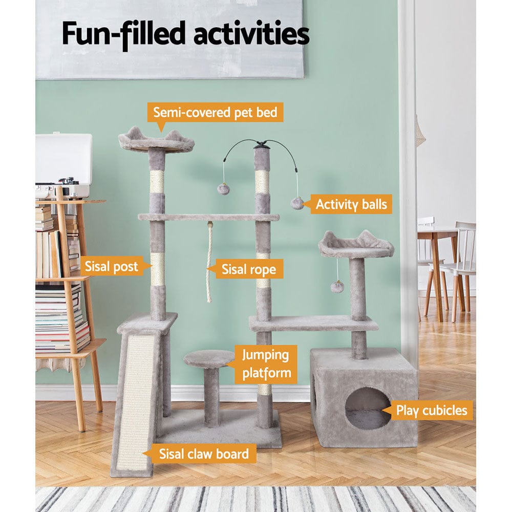 i.Pet Cat Tower i.Pet Cat Tree 135cm Tower Scratching Post Scratcher Wood Condo House Toys Grey