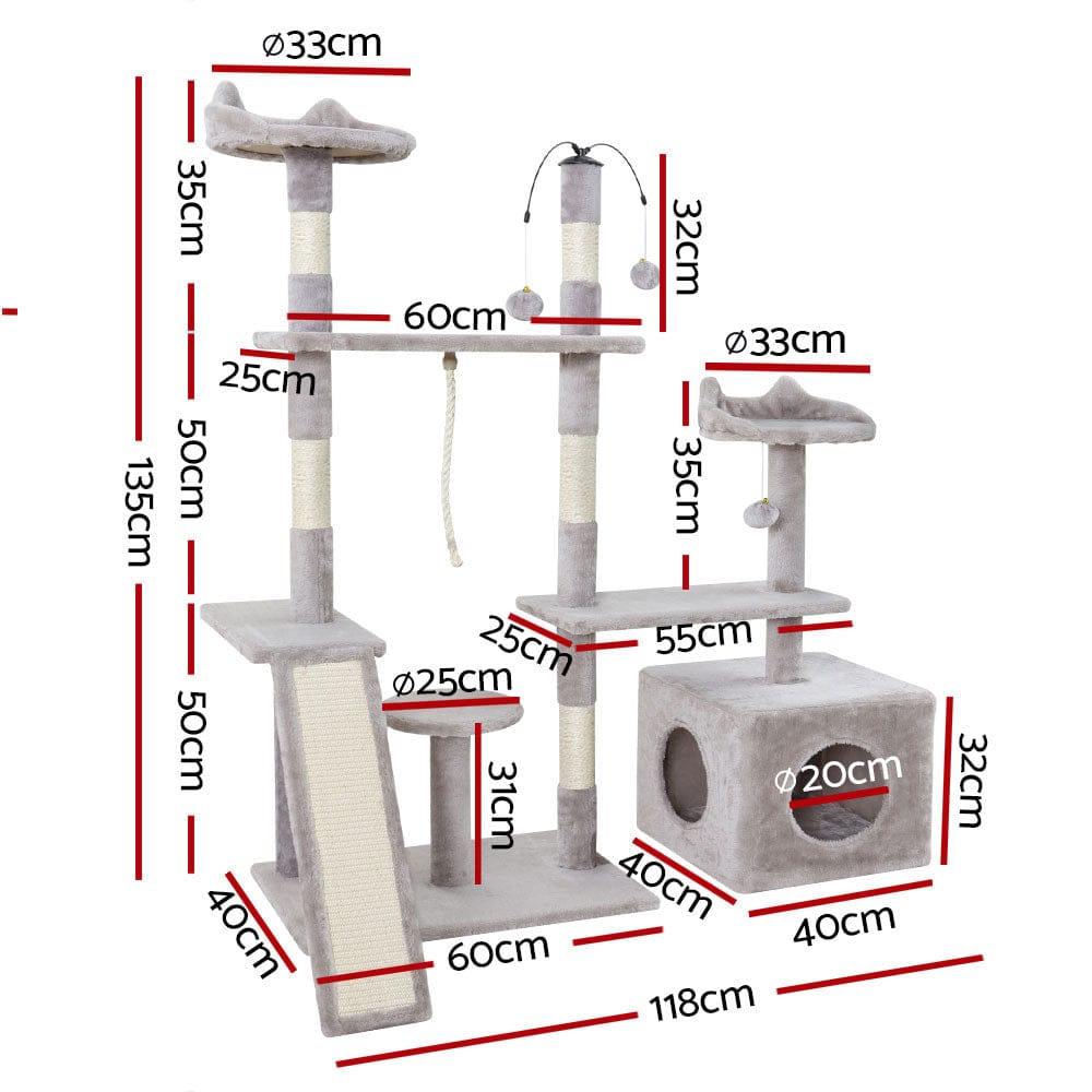 i.Pet Cat Tower i.Pet Cat Tree 135cm Tower Scratching Post Scratcher Wood Condo House Toys Grey