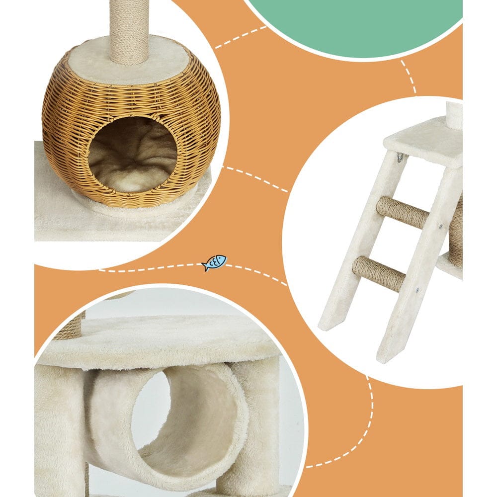 i.Pet Cat Tower i.Pet Cat Tree 138cm Tower Scratching Post Scratcher Wood Bed Condo House Rattan Ladder