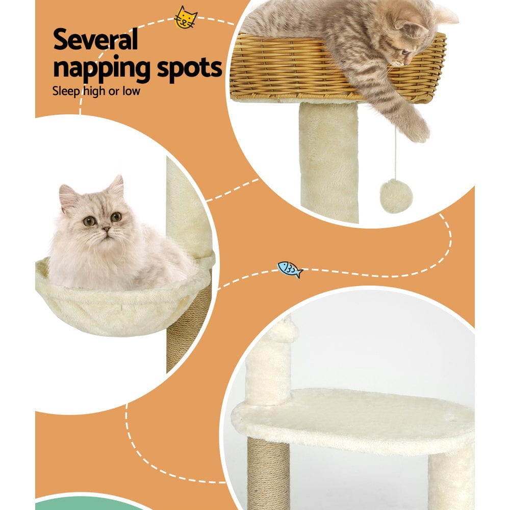 i.Pet Cat Tower i.Pet Cat Tree 138cm Tower Scratching Post Scratcher Wood Bed Condo House Rattan Ladder