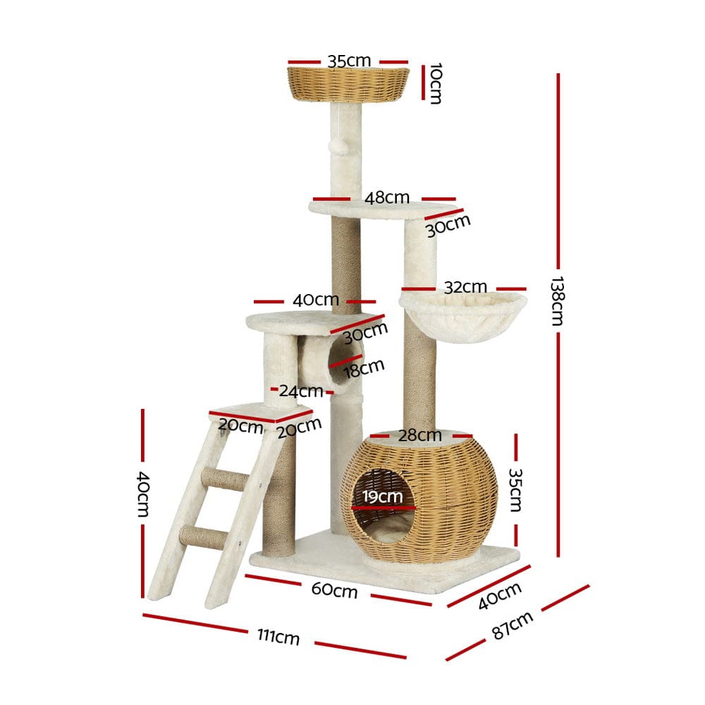 i.Pet Cat Tower i.Pet Cat Tree 138cm Tower Scratching Post Scratcher Wood Bed Condo House Rattan Ladder
