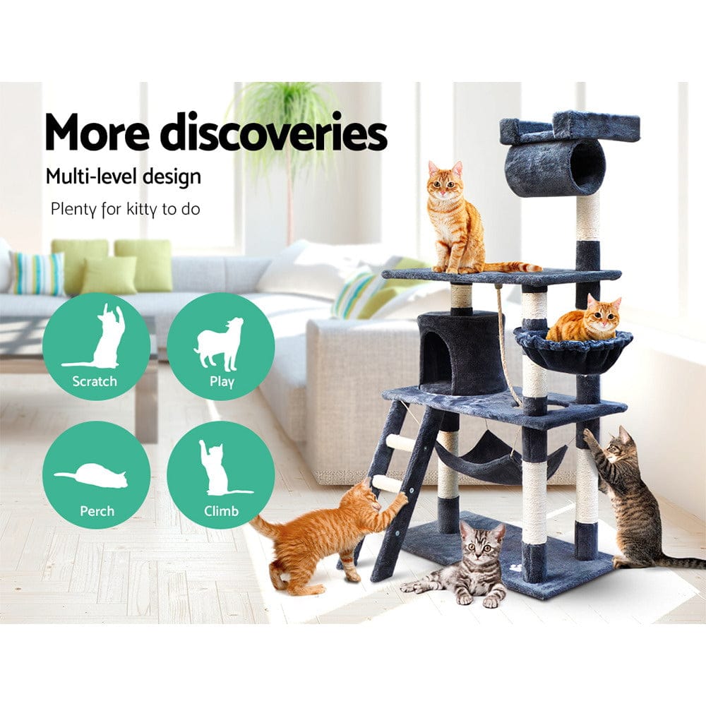 i.Pet Cat Tower i.Pet Cat Tree 141cm Tower Scratching Post Scratcher Condo Wood House Bed Grey