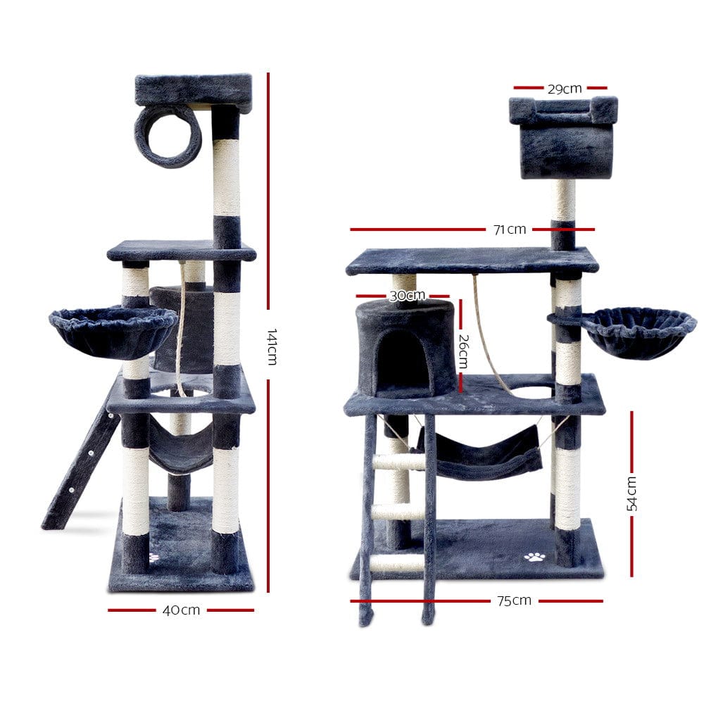 i.Pet Cat Tower i.Pet Cat Tree 141cm Tower Scratching Post Scratcher Condo Wood House Bed Grey
