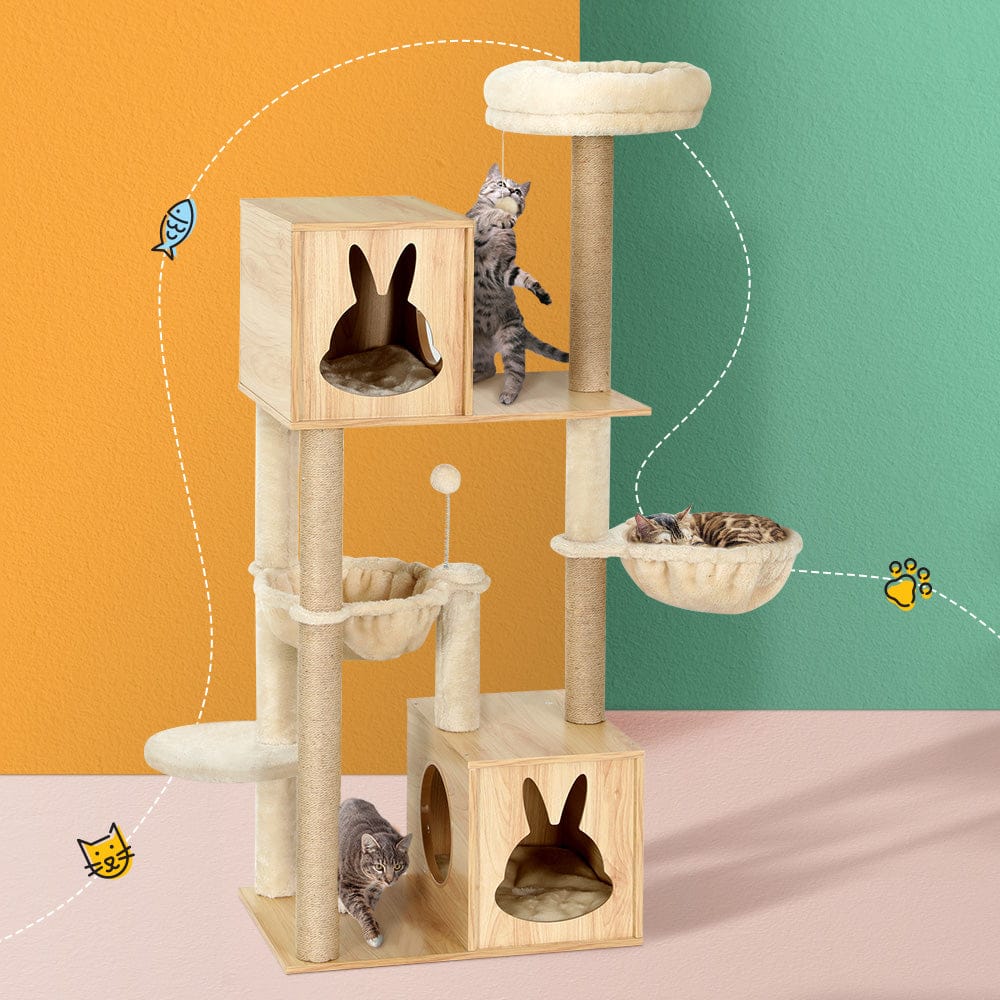 i.Pet Cat Tower i.Pet Cat Tree 141cm Tower Scratching Post Scratcher Wood Bed Condo Toys House Ladder