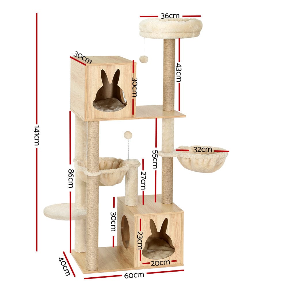 i.Pet Cat Tower i.Pet Cat Tree 141cm Tower Scratching Post Scratcher Wood Bed Condo Toys House Ladder