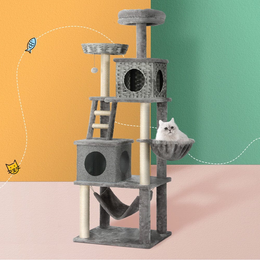 i.Pet Cat Tower i.Pet Cat Tree 169cm Tower Scratching Post Scratcher Wood Bed Condo House Rattan Ladder