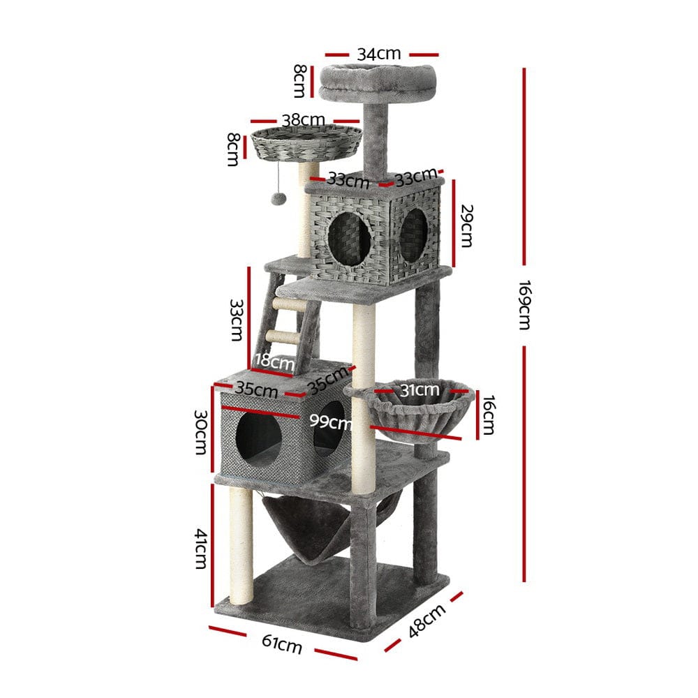 i.Pet Cat Tower i.Pet Cat Tree 169cm Tower Scratching Post Scratcher Wood Bed Condo House Rattan Ladder