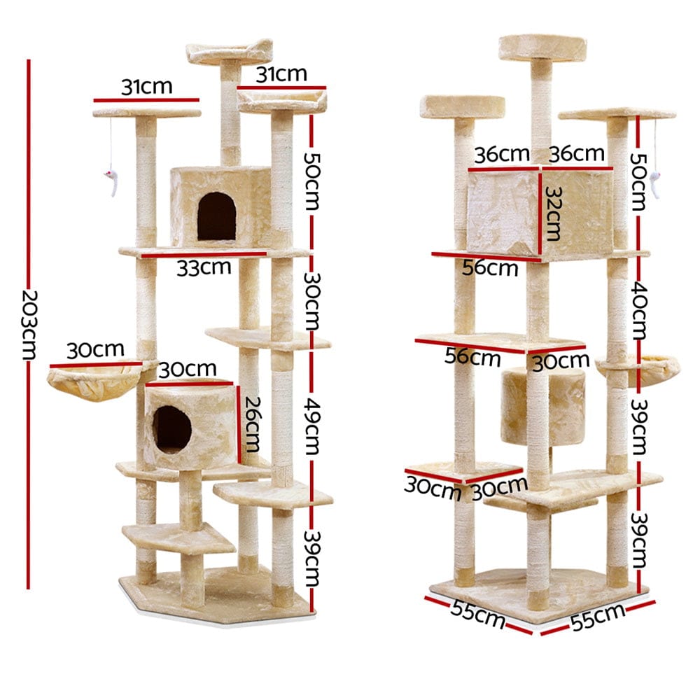 i.Pet Cat Tower i.Pet Cat Tree 203cm Tower Scratching Post Scratcher Condo Trees House Bed Beige