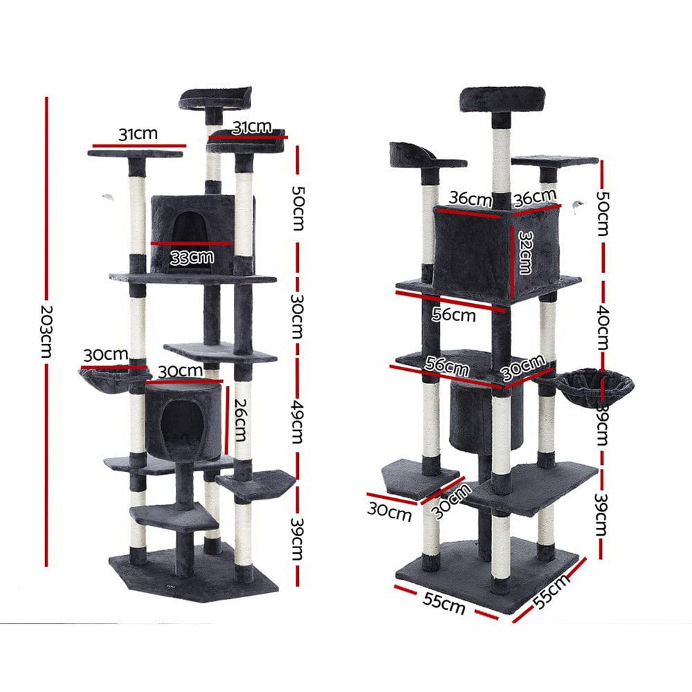 i.Pet Cat Tower i.Pet Cat Tree 203cm Tower Scratching Post Scratcher Condo Trees House Bed Grey