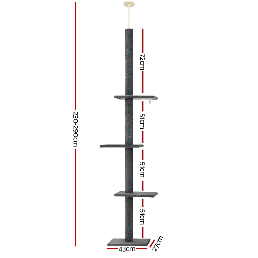 i.Pet Cat Tower i.Pet Cat Tree 290cm Tower Scratching Post Scratcher Floor to Ceiling Cats Bed Grey