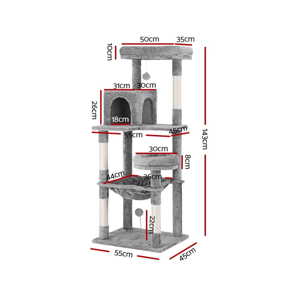i.Pet Cat Tower i.Pet Cat Tree Tower Scratching Post Scratcher 143cm Condo House Trees Grey