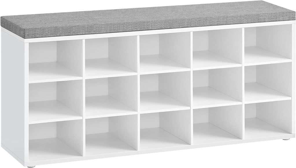 VASAGLE Storage Shoe Bench 15 Compartments with Cushion White and Grey VASAGLE