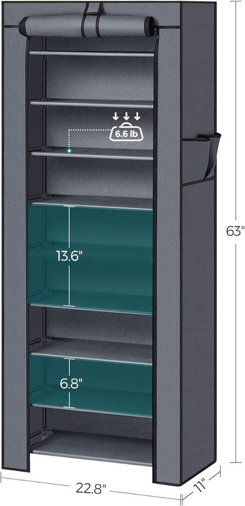 SONGMICS 9 Tier Shoe Rack for 27-35 Pairs of Shoes with Nonwoven Fabric Cover Grey SONGMICS